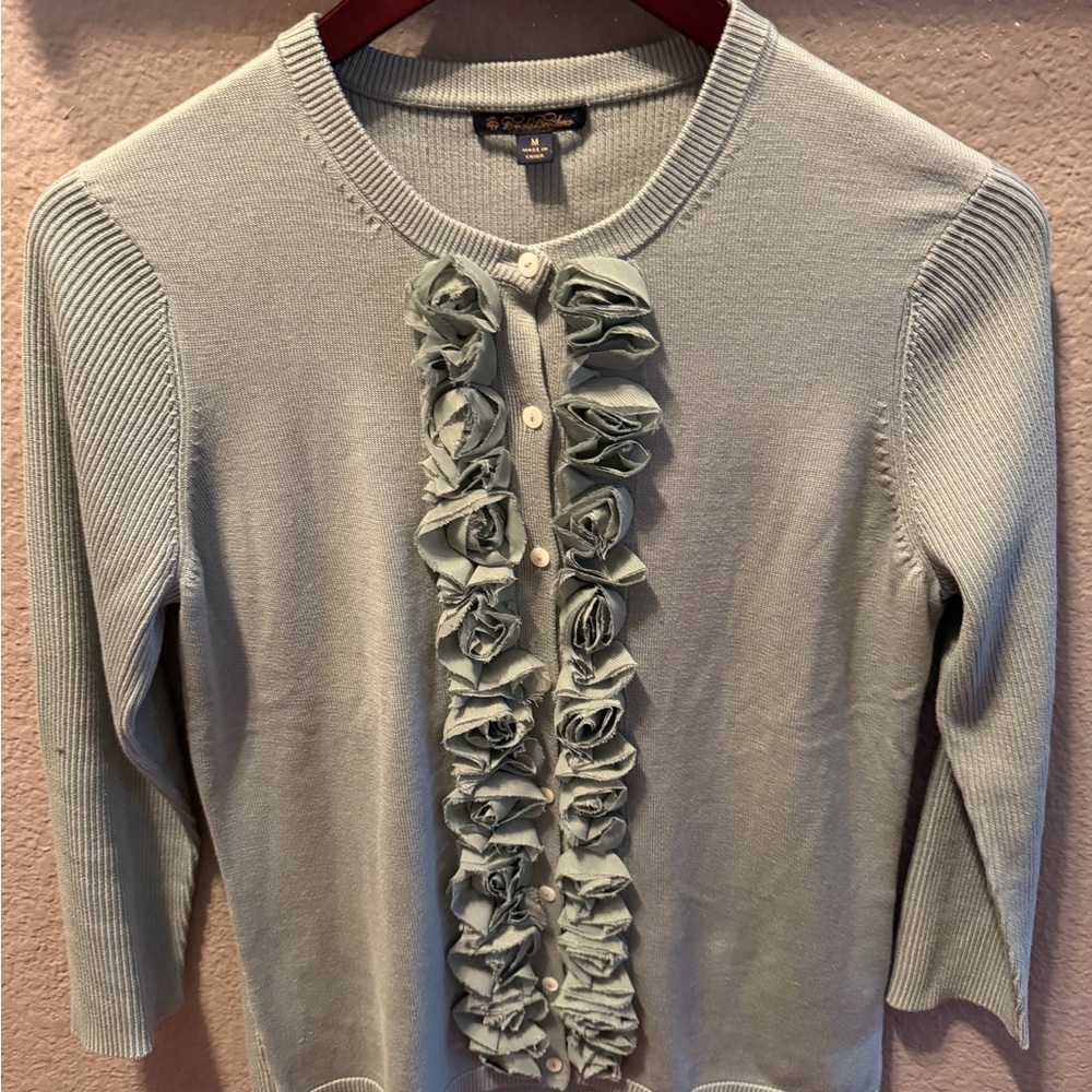 Brooks Brothers Silk Cotton Ruffle Cardigan Sweater Mint/sage Green Women’s Med